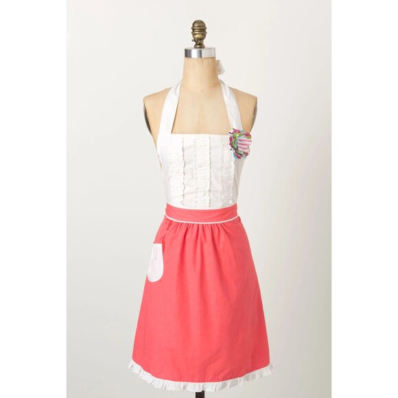 Anthropologie Other - Rare Anthropologie Tea & Crumpets Red / Pink & White Hostess Apron Pocket Ruffle